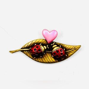 JJ Jonette Vintage Gold Leaf Brooch W/Red Enamel Ladybugs and Pink Heart